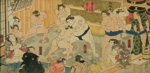 En av åtte utsikter over Kanjin Sumo, pub. av Tsutaya, 1800-tallet, (triptyk, oban-størrelse, farget treblokktrykk)